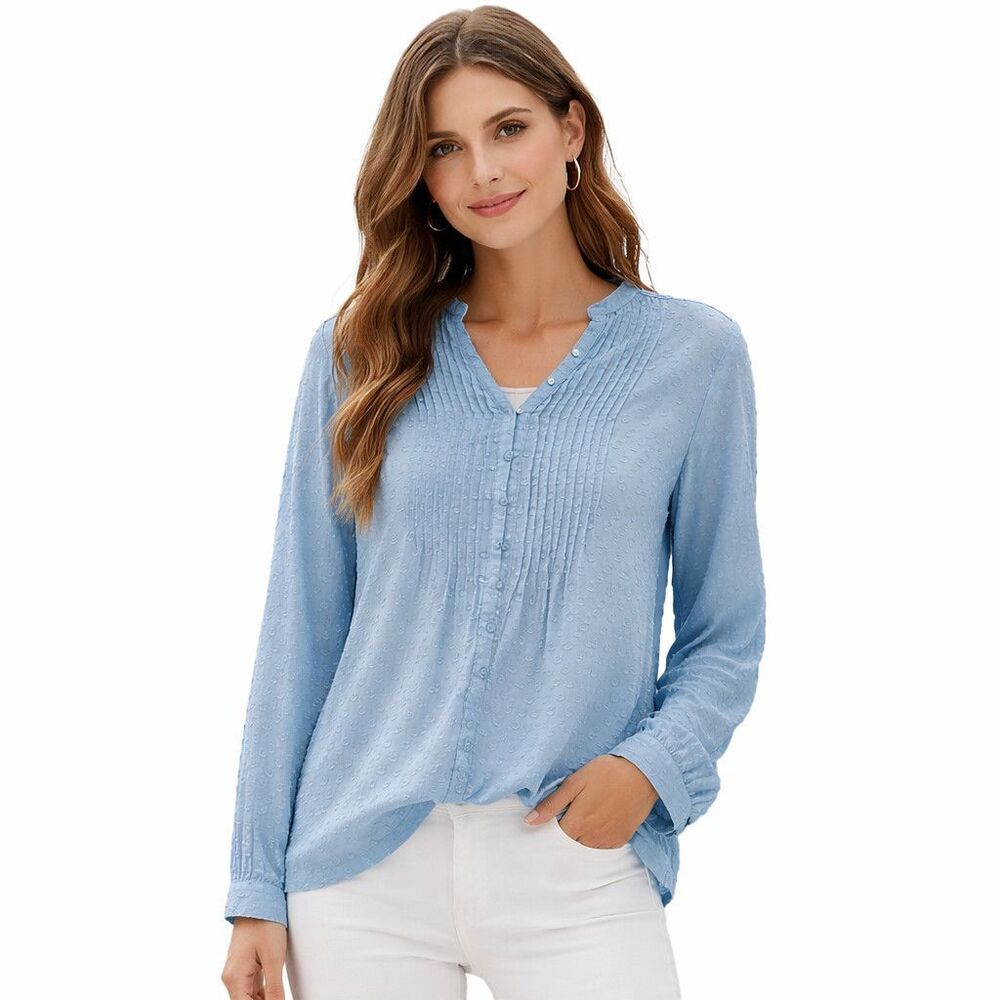 Soft Surroundings Blouse Womens XS Blue Swiss Dot Henley Long Sleeve Tunic Top